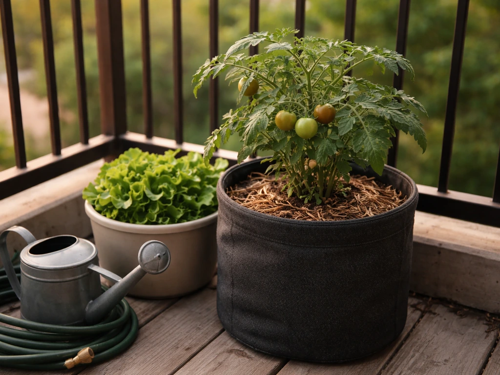 Balcony container garden with leafy greens and a tomato plant growing in multi-gallon pots