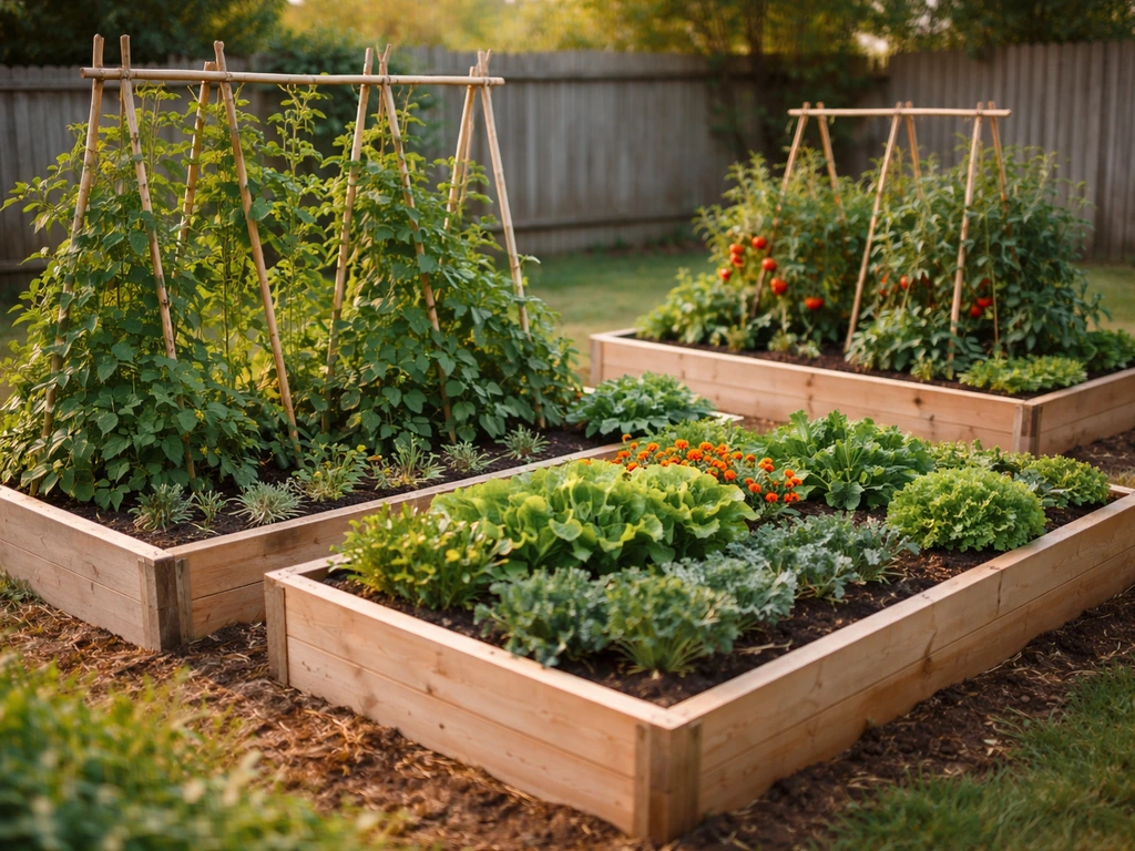 Sunlit backyard raised beds with leafy greens and climbing vegetables on simple trellises