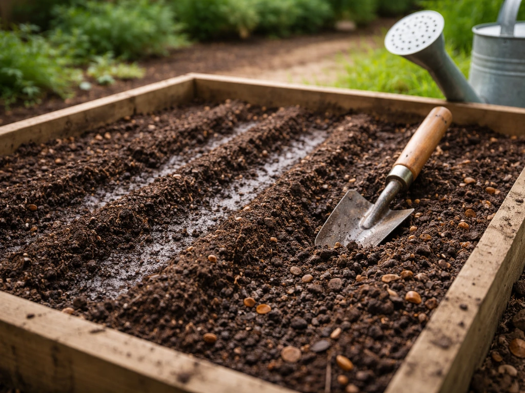 Garden bed soil mixed with compost beside a trowel, with hints of moisture for planting planning.