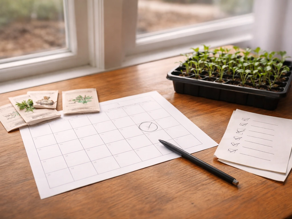 Sunlit table with seedlings, seed packets, and a blank calendar page used for planning planting dates.