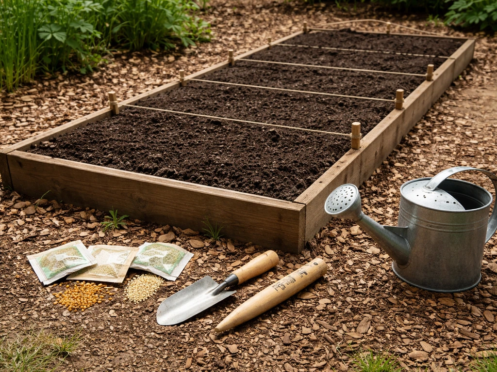 Close view of a small raised garden bed with soil, hand tools, and simple row-marking twine.