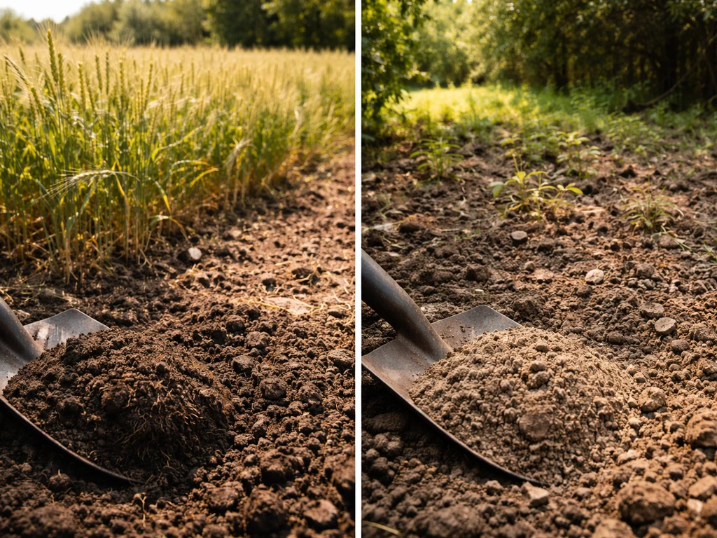 Split view of full-sun grain field and shaded plot with spade and soil closeups for pH/texture.