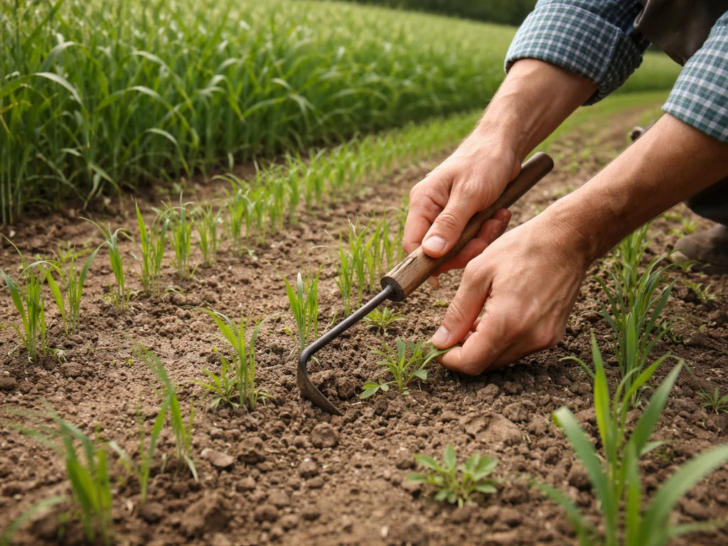 Small grain field showing early weeds beside denser canopy, spot-weeding with a hand tool