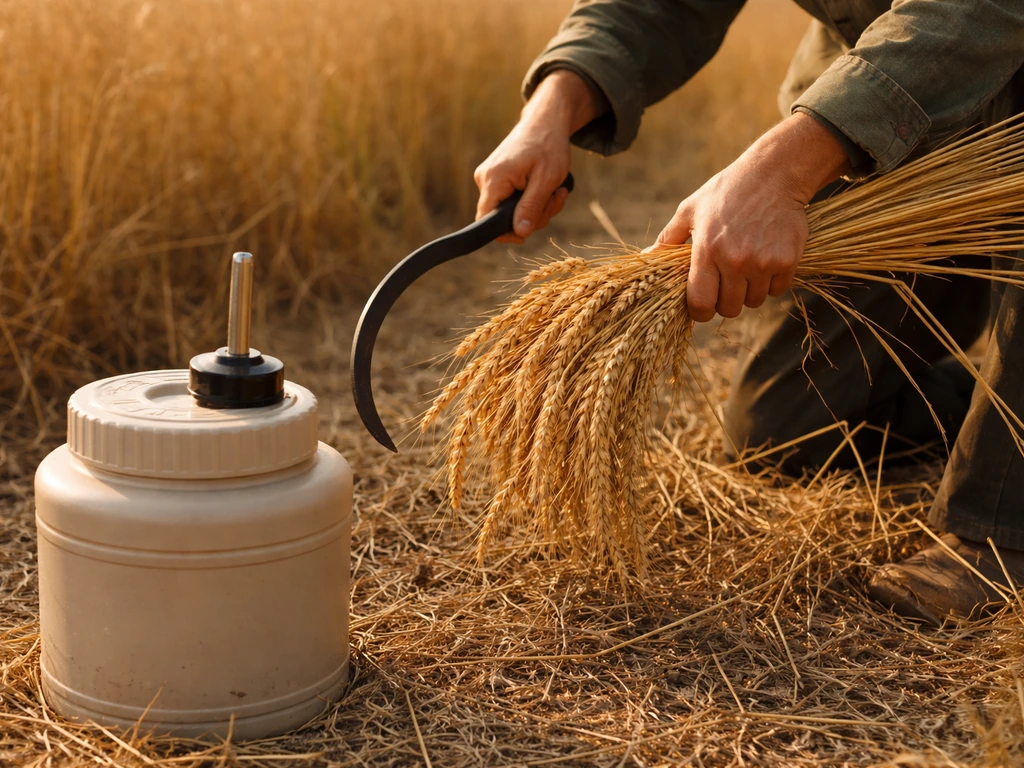 Hands harvesting browned grain with a sickle beside a sealed grain storage container and moisture probe.