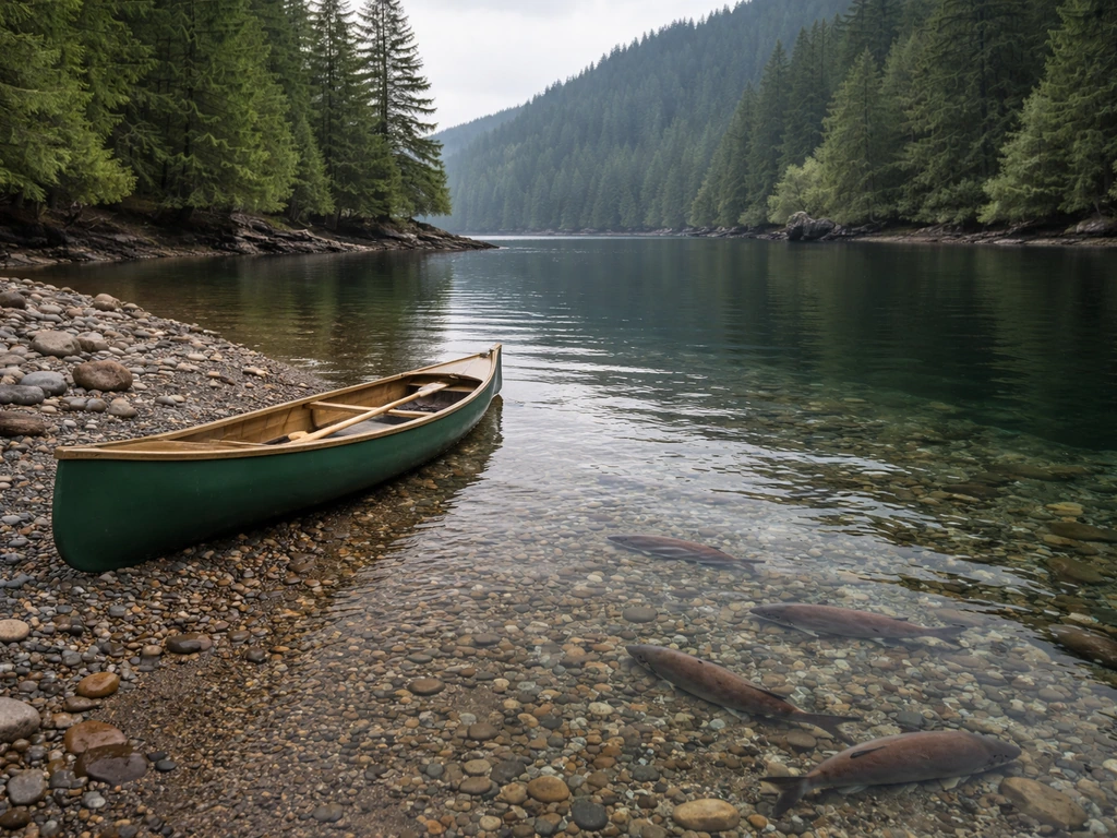 Pacific Northwest shoreline with conifer hills and clear shallow water showing salmon near the bank.