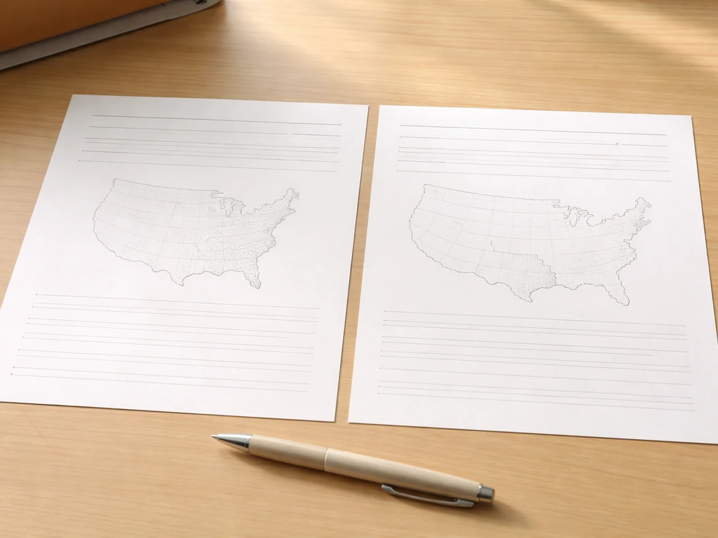Two side-by-side worksheet papers on a wooden desk with faint, unlabeled regional outlines.