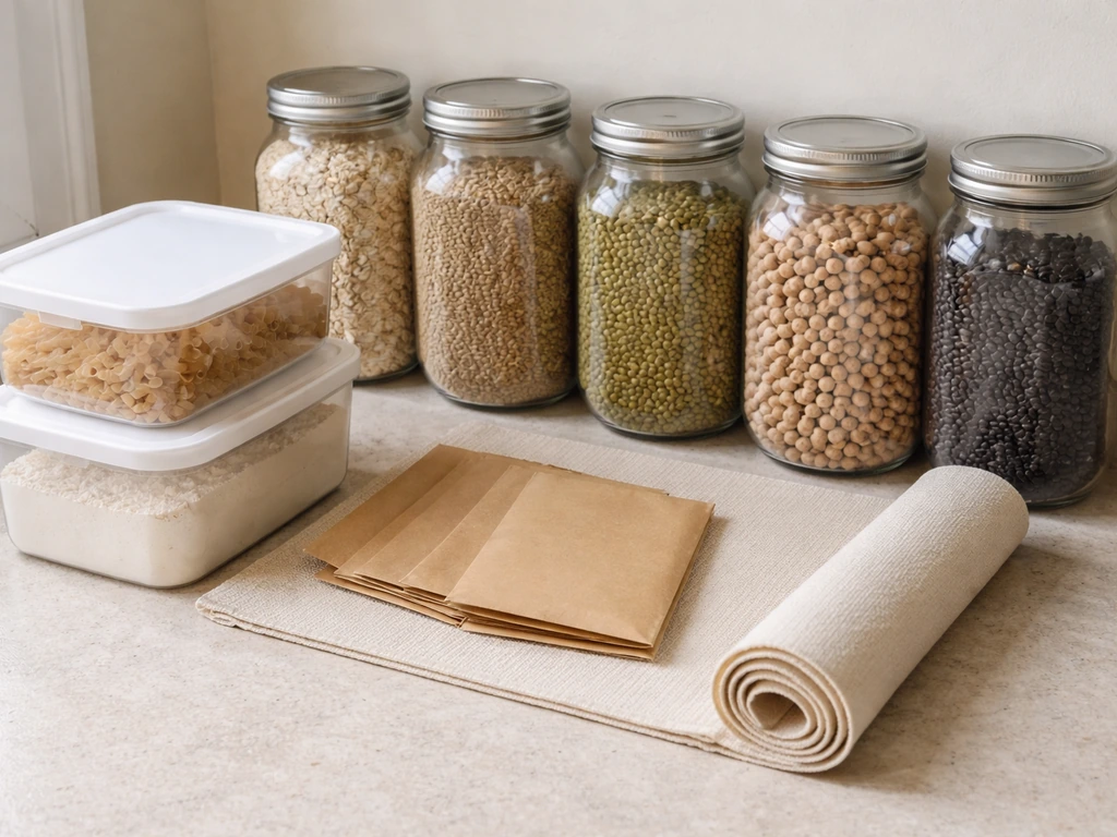 Kitchen counter organized with jars of grains and beans, seed packets, and sealed storage containers.