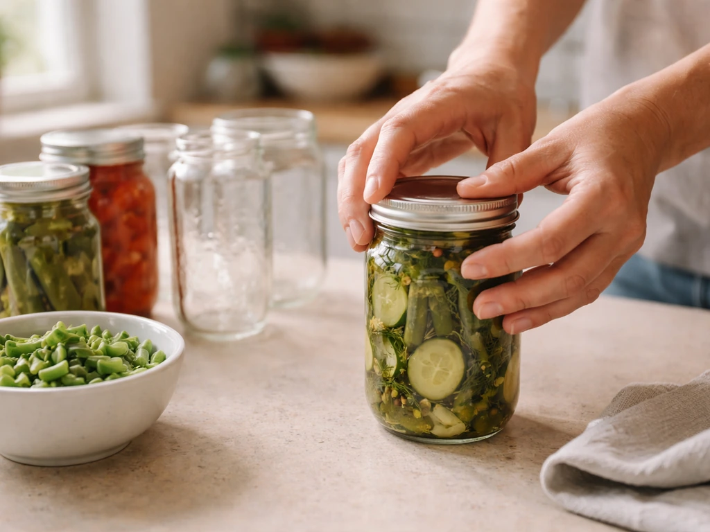 Hands sealing canning jars on a kitchen counter with prepared produce for preservation.