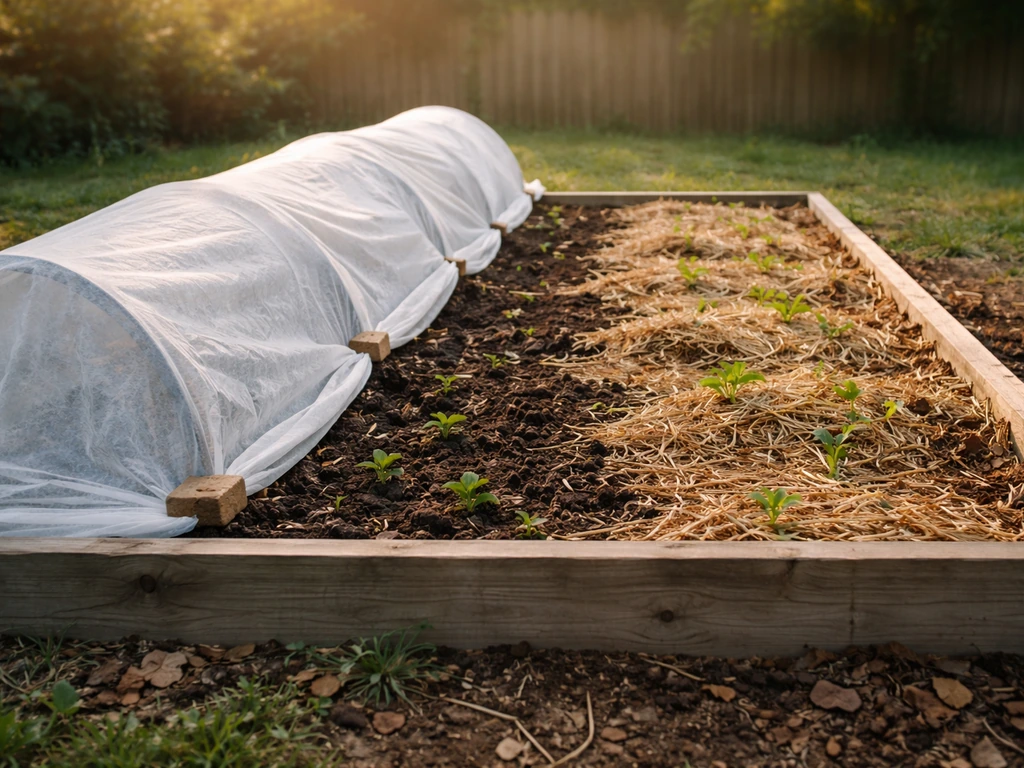 Backyard vegetable beds showing mulched protected rows beside unprotected soil to suggest animal-harm reduction.
