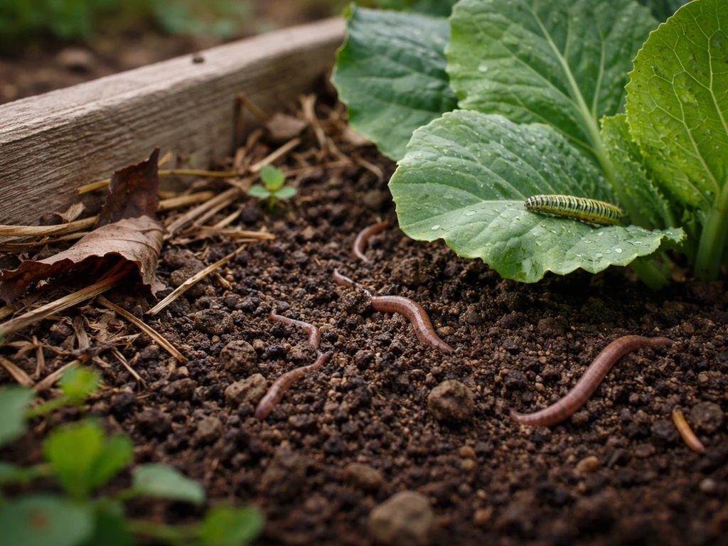 Close-up of healthy garden soil with earthworms, a leaf with a caterpillar, and small ground-cover habitat near the edge