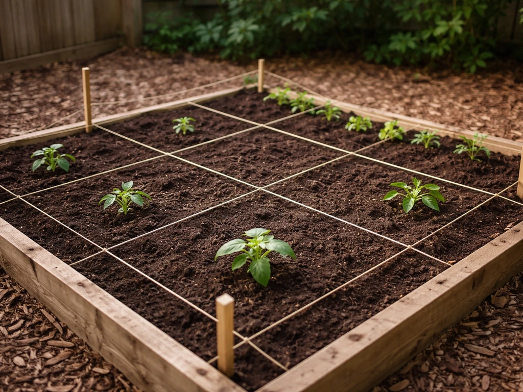 Backyard garden bed with measuring stakes and a simple grid for estimating area and potential animal harm.