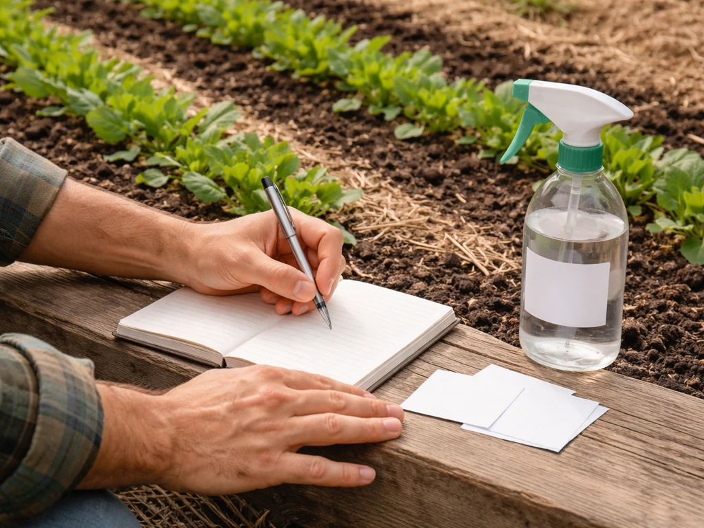 Gardener’s hands write in a garden log beside a bed, holding a spray bottle over planted soil