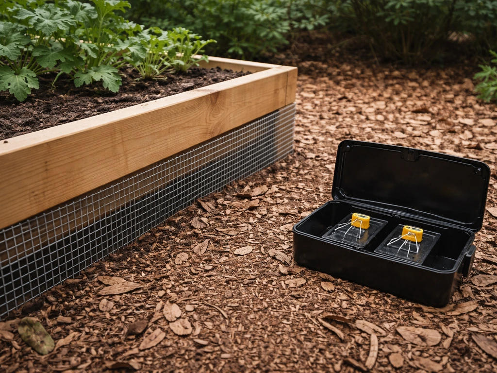 Garden bed with hardware-cloth barrier and a bait-station area with snap traps in the background.
