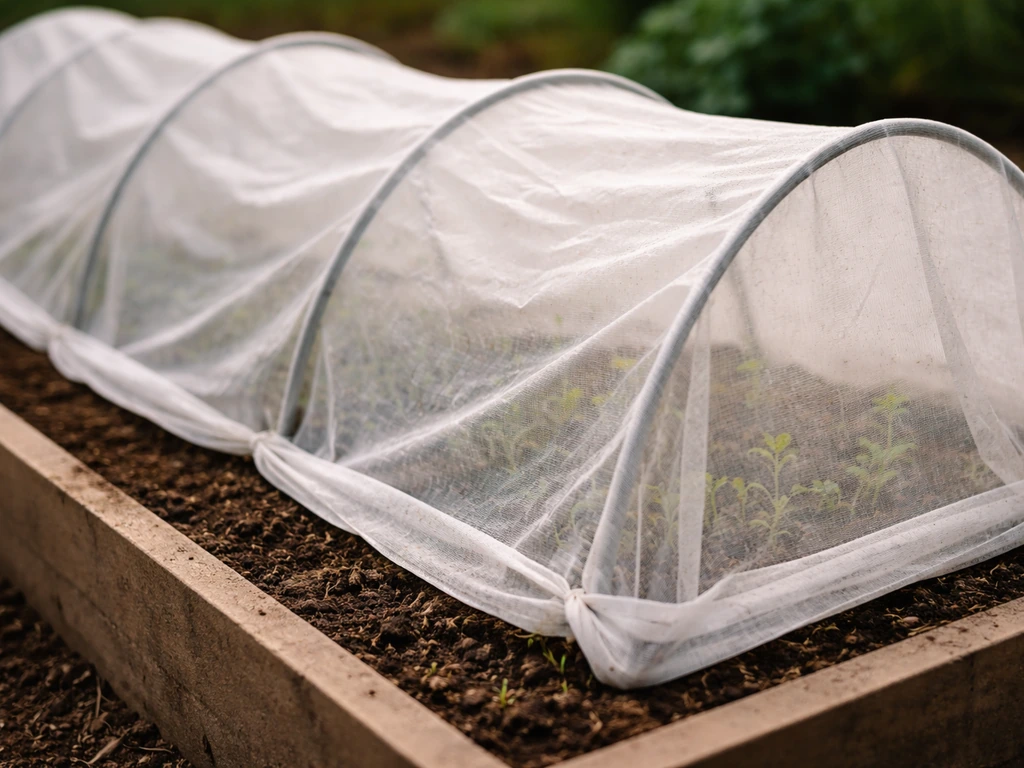 Row covers over seedlings with hoops, fabric edges sealed, blocking pests in a simple garden bed