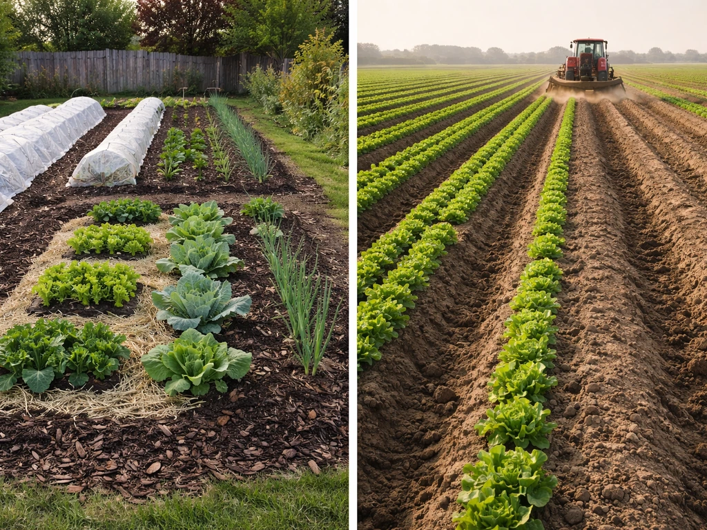 Small mulched home garden bed beside an industrial farm field with machinery passing through soil.