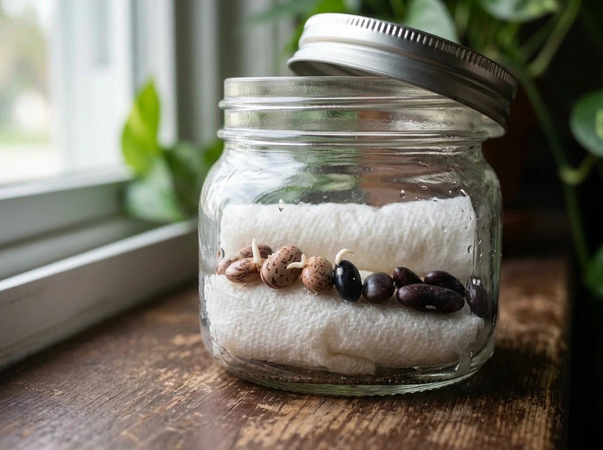 Paper towel germination test showing beans sprouting with a few radicles