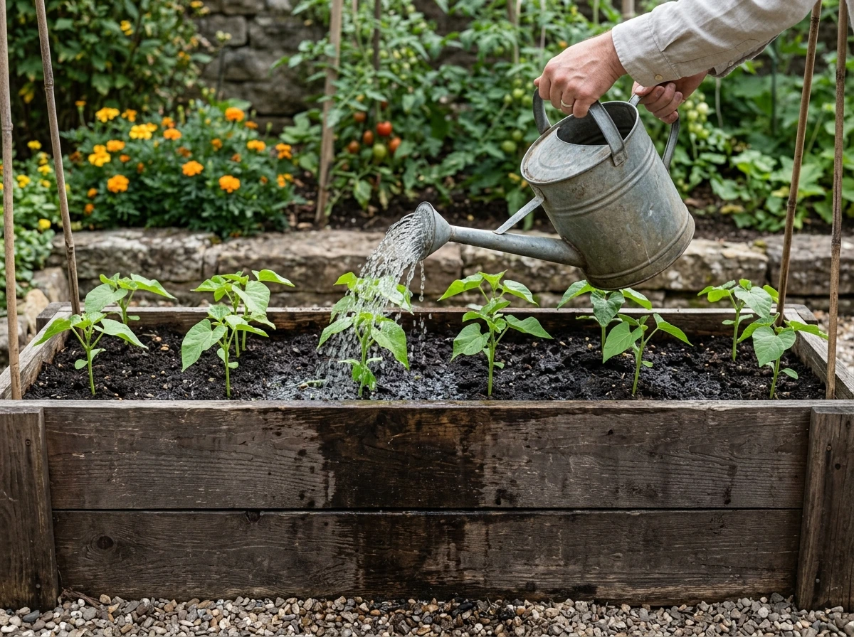 Deep container with young bean seedlings being watered evenly