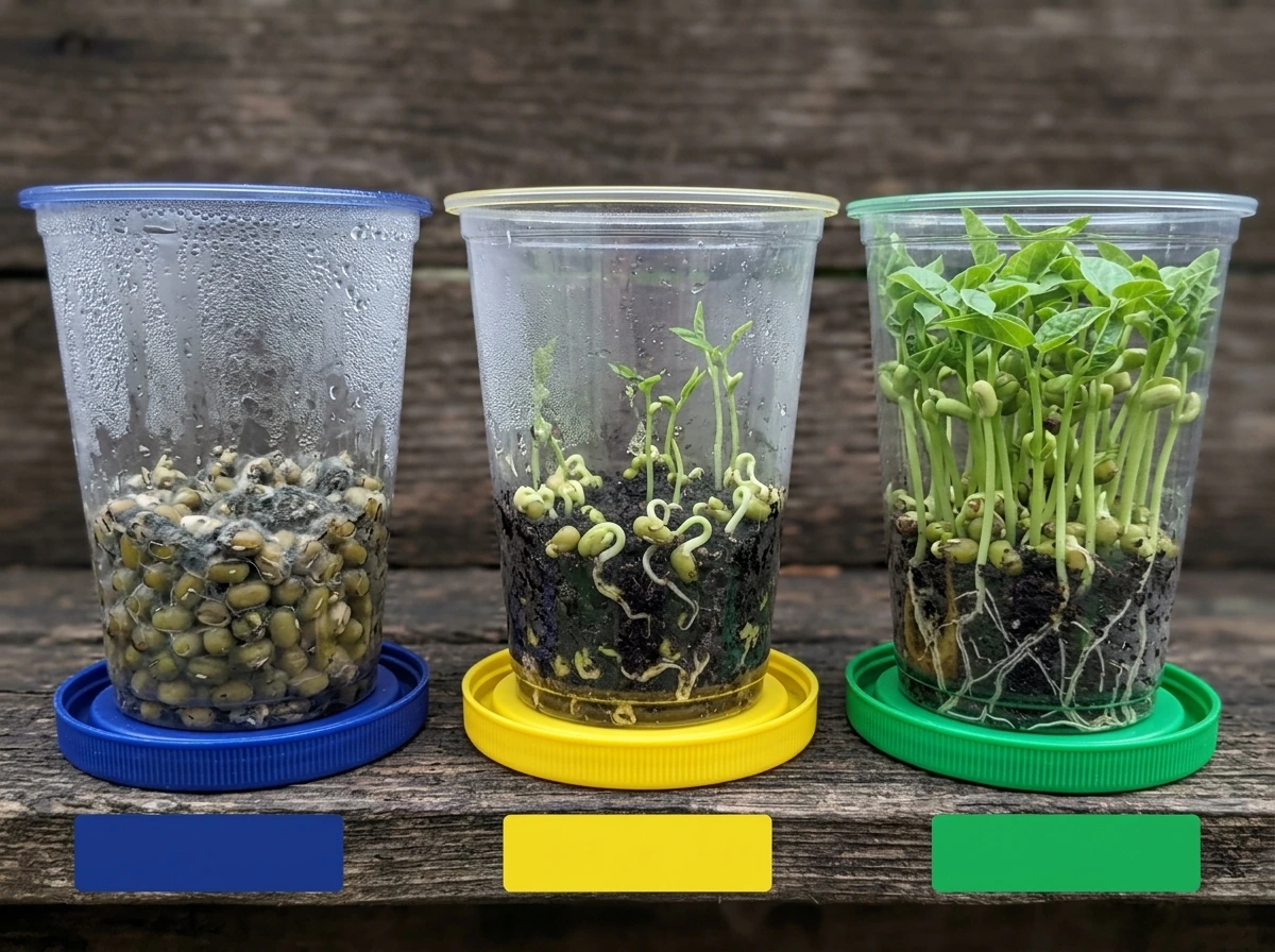 Comparison of bean seed failures: mold, rotting, and healthier sprouting