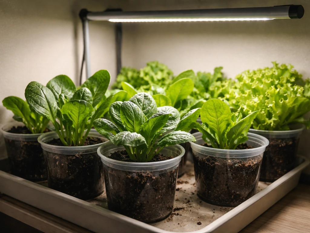 Compact container garden with pots of leafy greens under an LED grow light in a small space