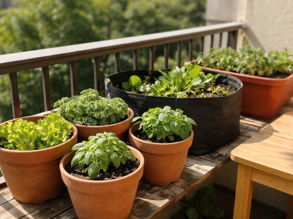 Assorted vegetables and herbs growing in multiple containers on a sunny balcony railing