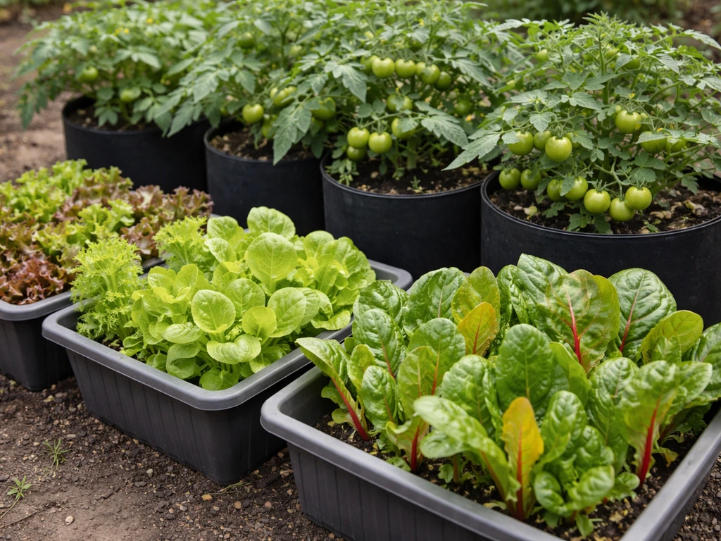 Close-up of healthy leafy greens in shallow containers beside compact tomato plants in larger pots.