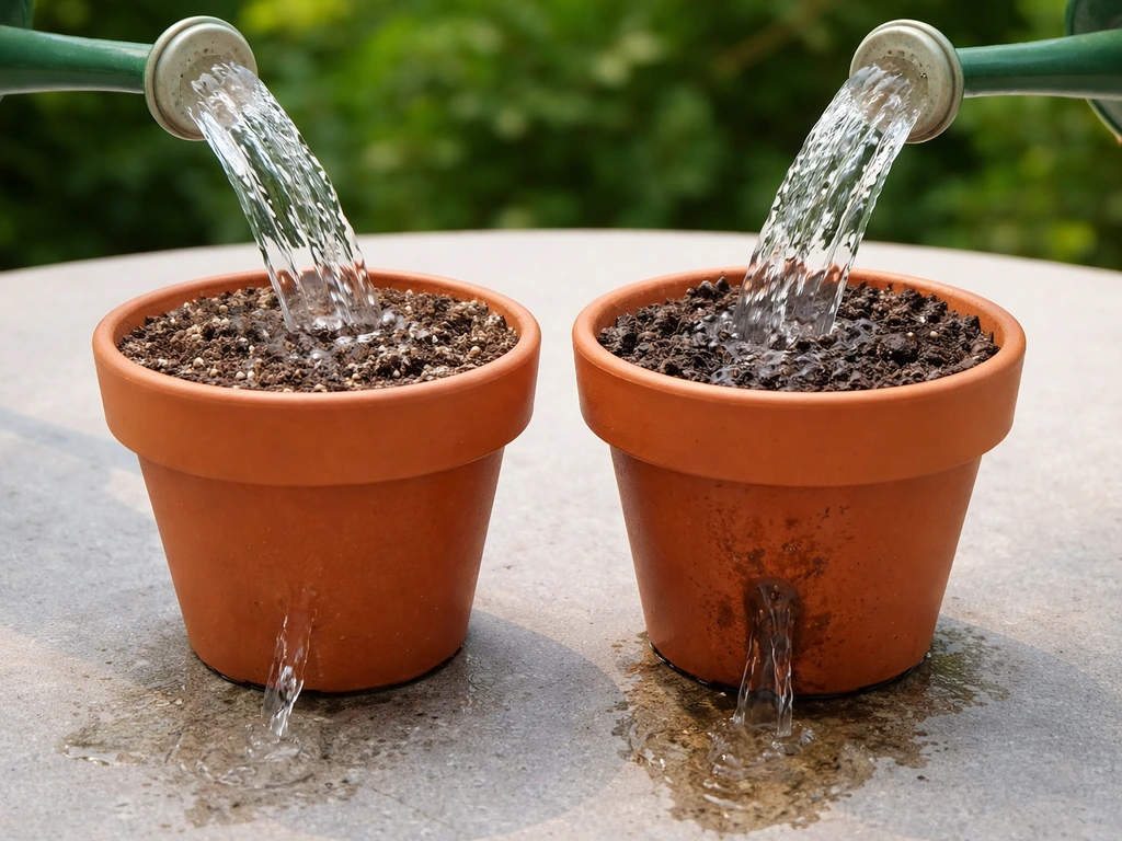 Two side-by-side pots showing airy potting mix draining faster than clumpy garden soil.
