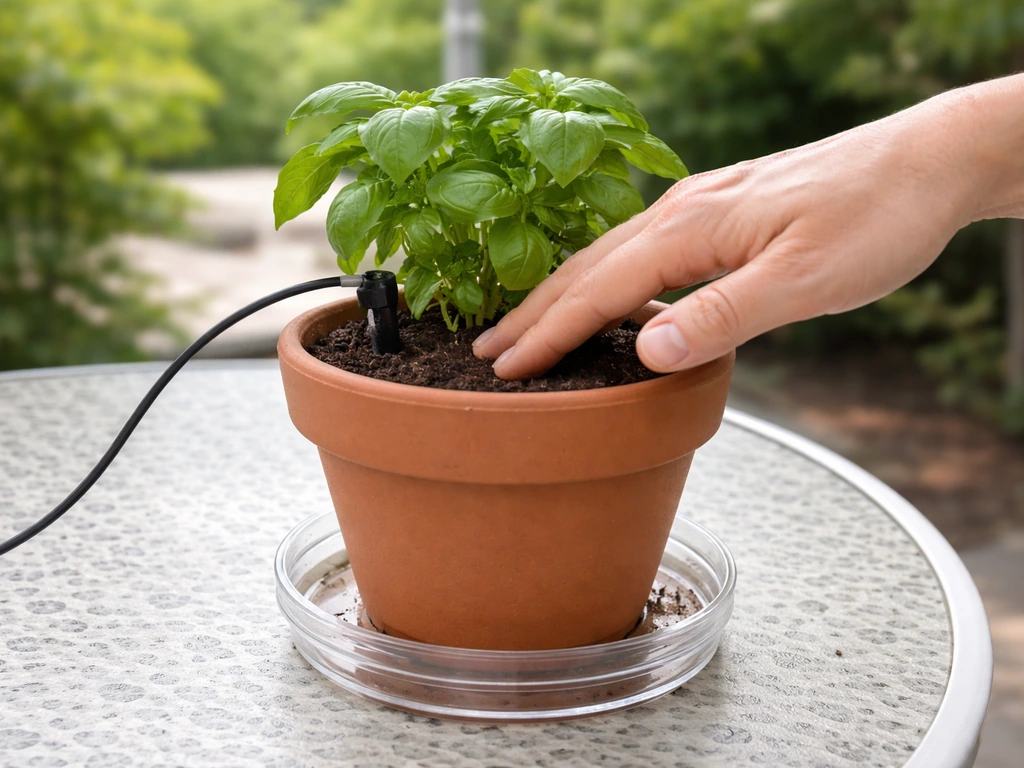 A small container plant setup with a drip saucer and visible soil moisture check in natural light.