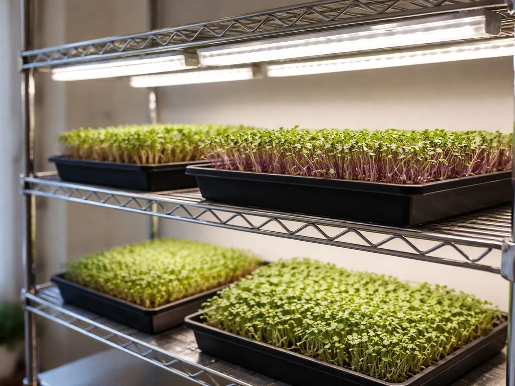 LED grow lights shining on seed trays of microgreens in a simple indoor setup