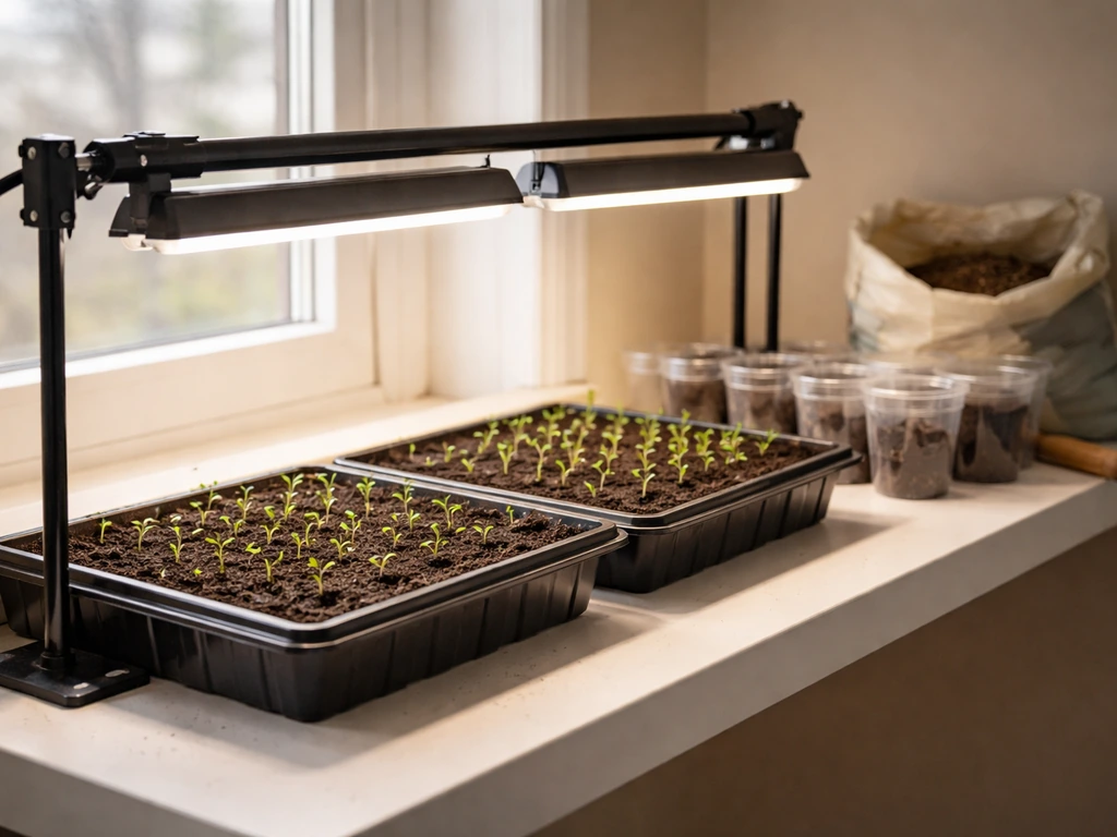 Seed trays under grow lights, small containers staged on a shelf for planting