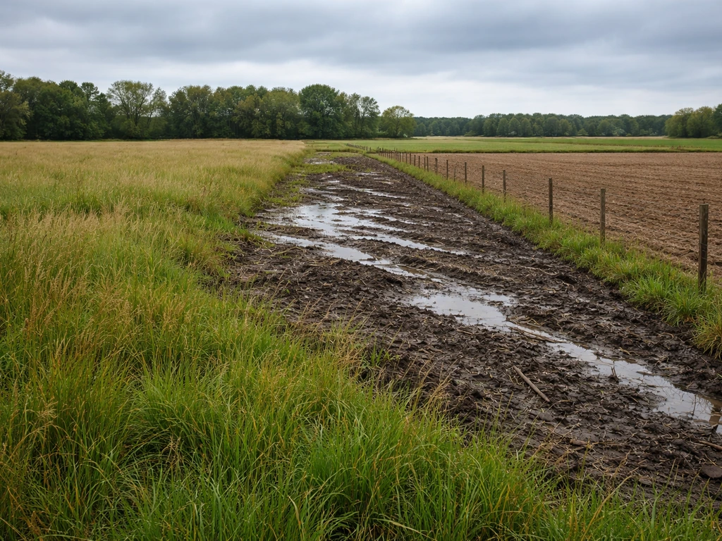 Three-idled farmland sections showing conservation cover, muddy flood conditions, and empty soil in one field.