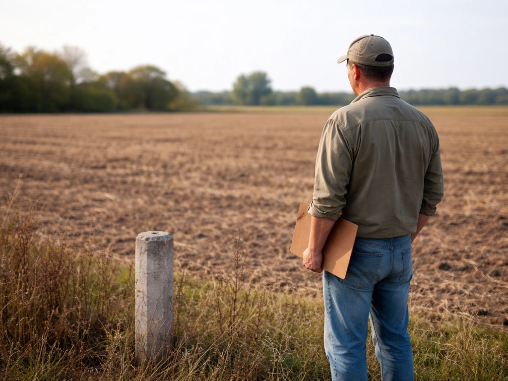 Farmer in a quiet field with a blank clipboard beside simple pasture, symbolizing programs paying to idle farmland