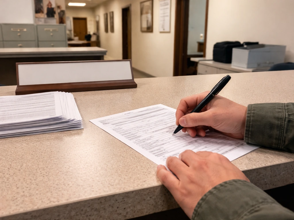 Anonymous hands filling out paperwork at an FSA service center counter with blank forms.