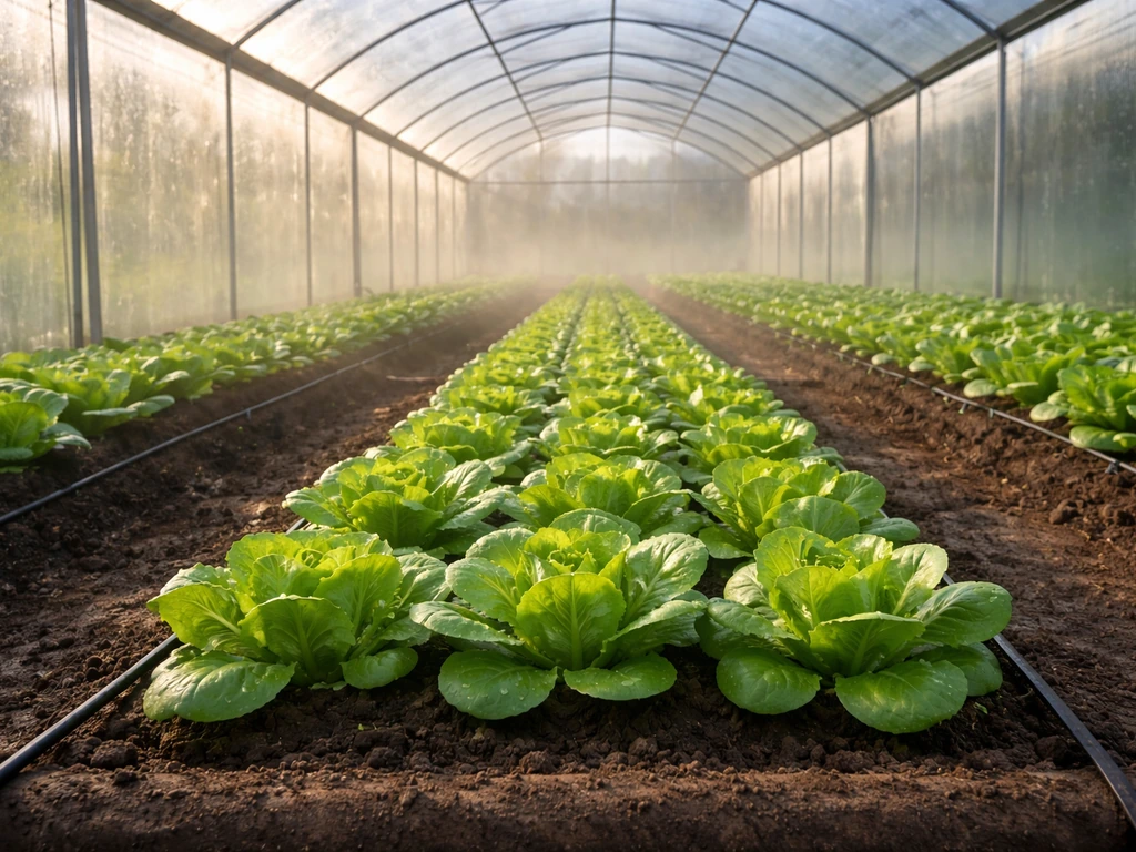 Leafy lettuce growing in a clear-roof greenhouse with light condensation and drip irrigation.