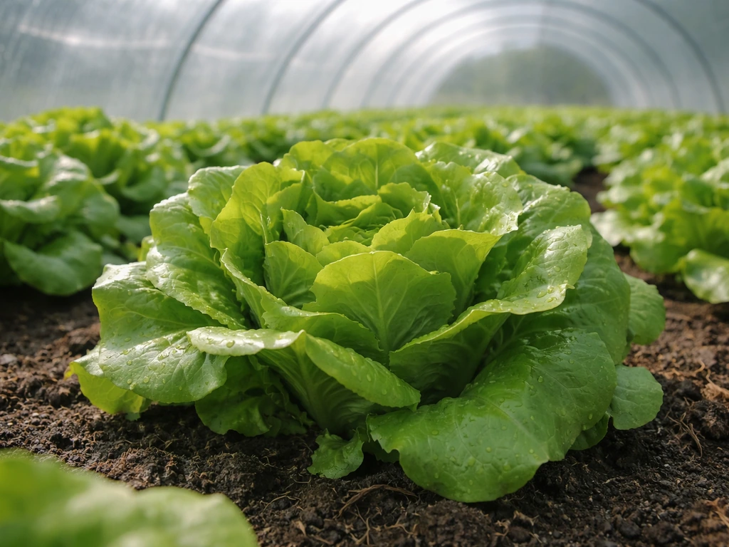 Close-up of crisp lettuce thriving under greenhouse plastic, tight heads in soft natural light.