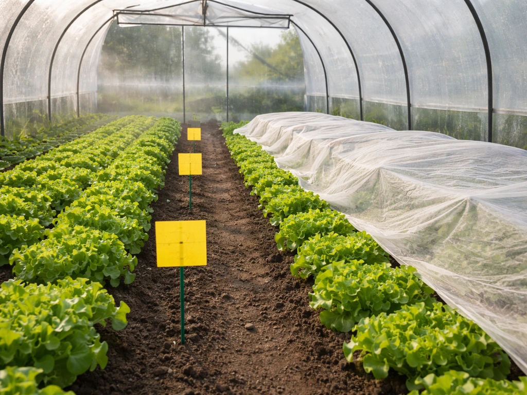 Yellow sticky pest traps and a covered lettuce row inside a greenhouse with open airflow vents.