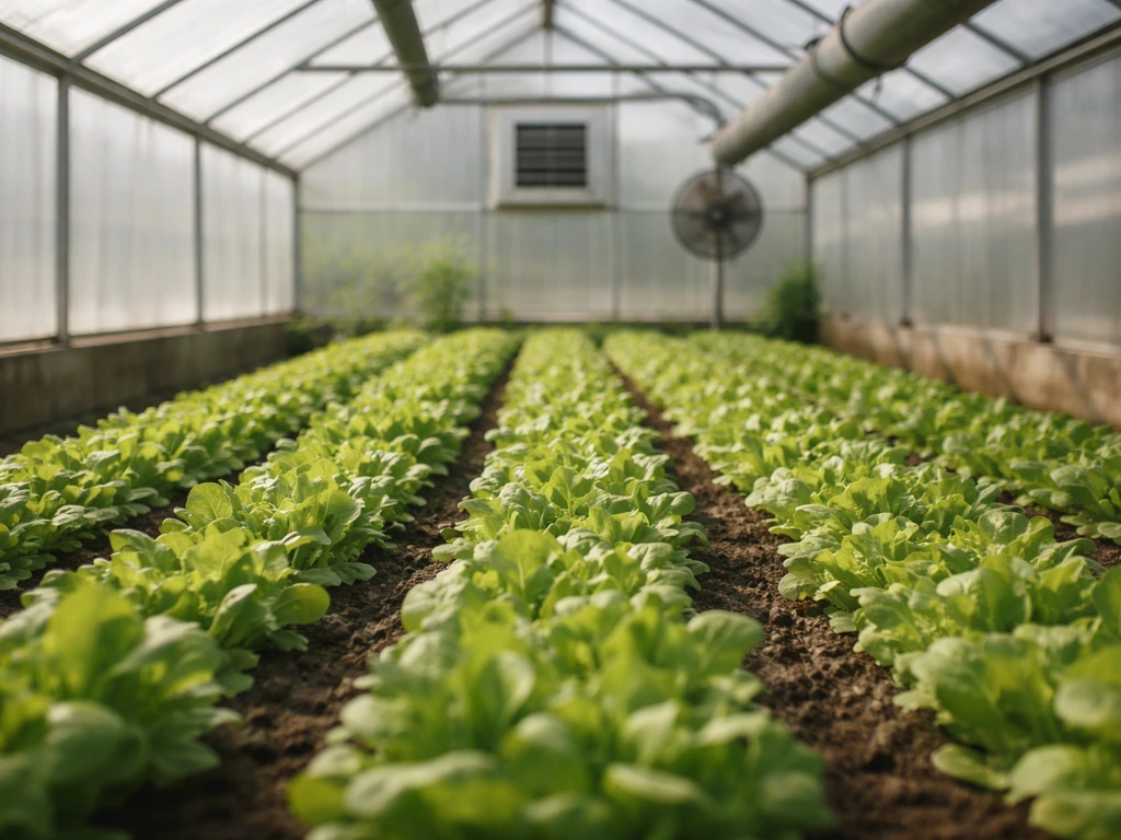 Greenhouse interior with lettuce beds and visible heater pipe and ventilation vents, natural light.