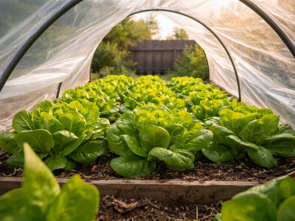 Harvest-ready lettuce heads inside a small home greenhouse with open side vents and tidy rows.