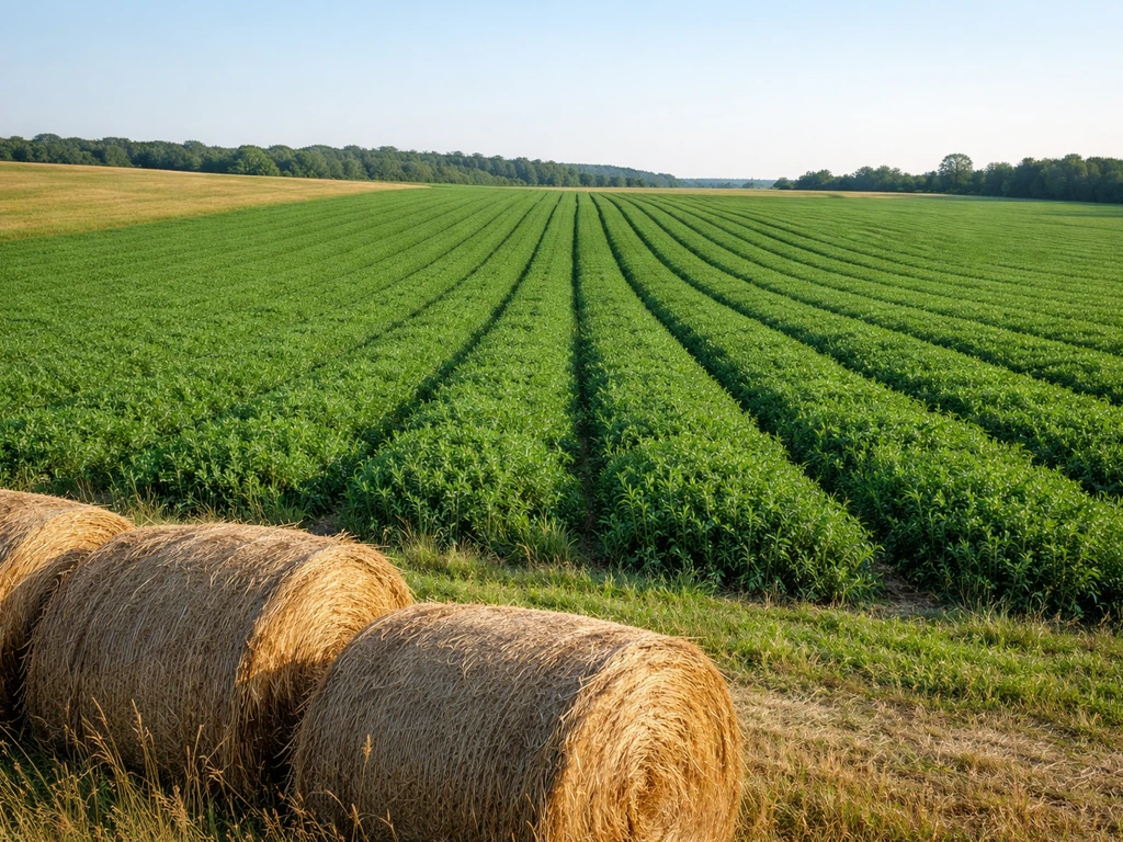 Alfalfa field in neat rows with round hay bales in the foreground, conveying forage production