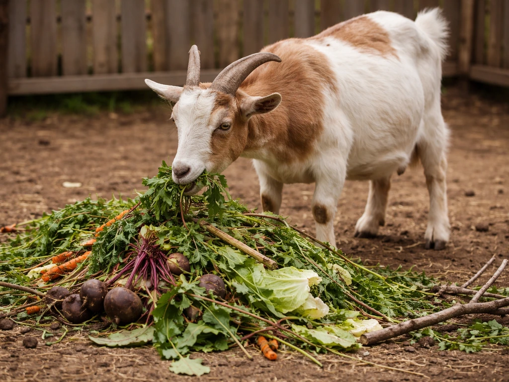 Goat eating fresh garden greens and root tops in a quiet farm yard pen.