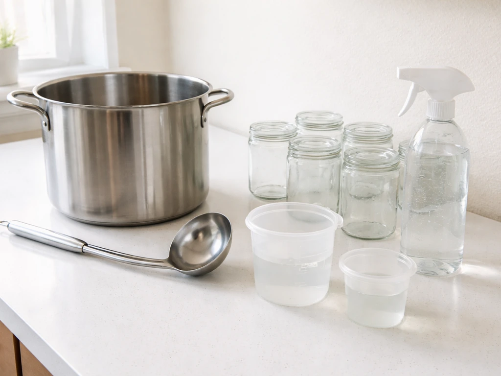 Clean cheesemaking tools and sanitized jars on a kitchen counter, with sanitizer solution containers nearby.