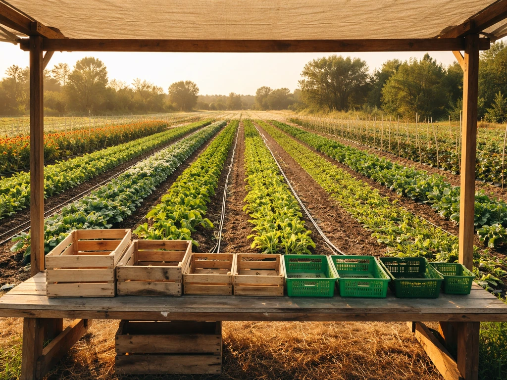 Sunny mixed vegetable farm with neat rows and an empty market stand in the foreground, no people.