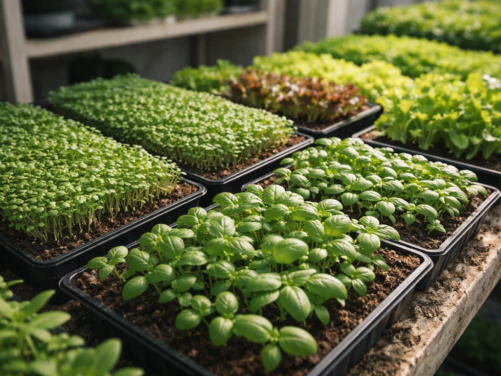 Close-up of compact microgreens, herbs, and salad greens growing in tight trays inside a small farm space.