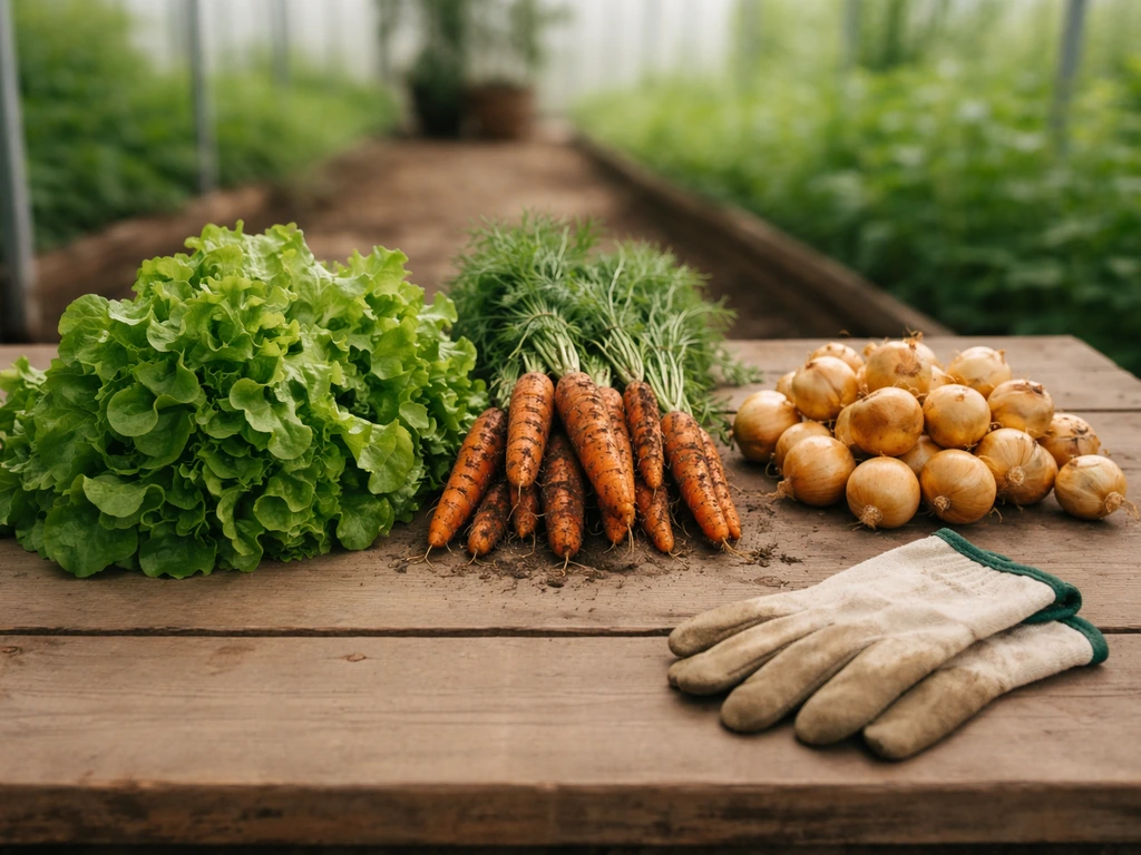 Harvest-ready lettuce, carrots, and onions laid out on a simple farm table in natural light.