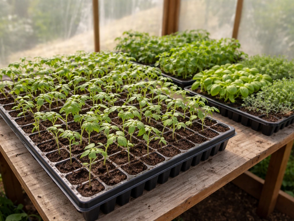 72-cell tray of tomato transplants with neatly arranged herb seedlings on a wooden bench