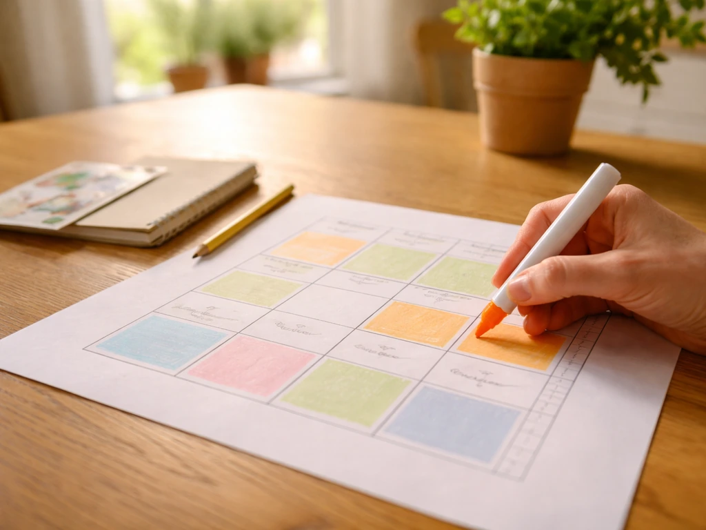 Hand placing a marker on a garden bed schedule sheet with crop boxes for succession planning