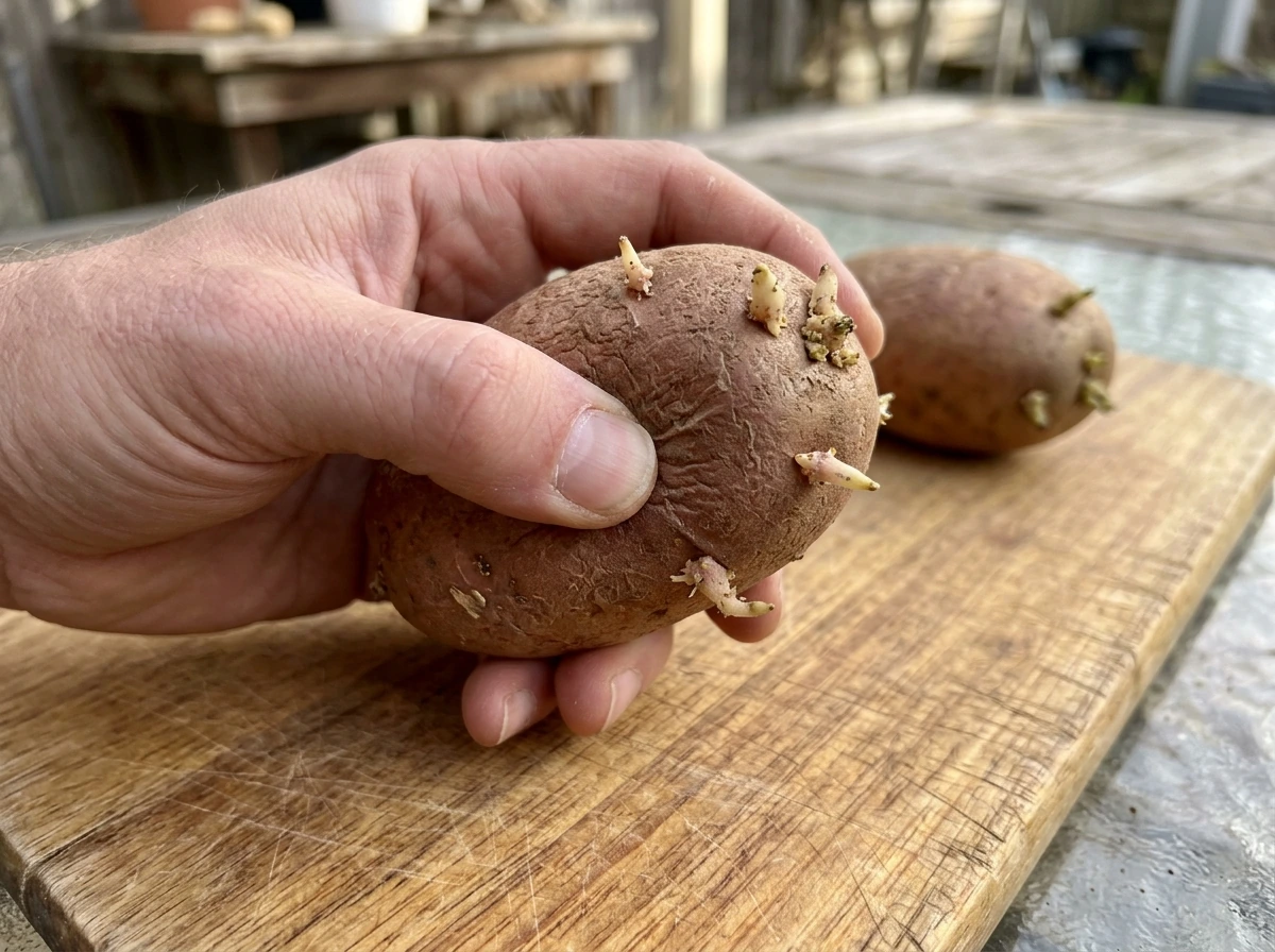 Squeezing a potato to check for firmness and solid texture before eating.