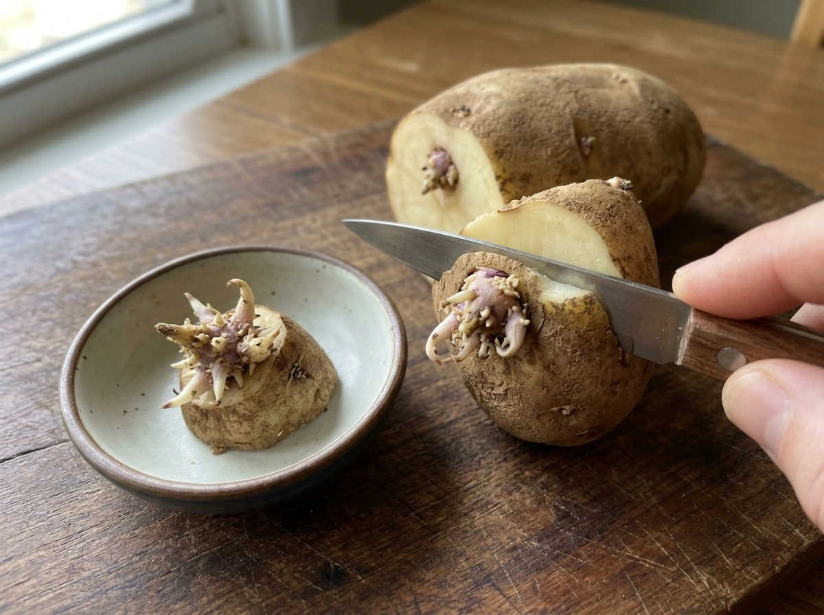 Knife trimming sprouts and roots at the base, removing the eye/bud tissue.