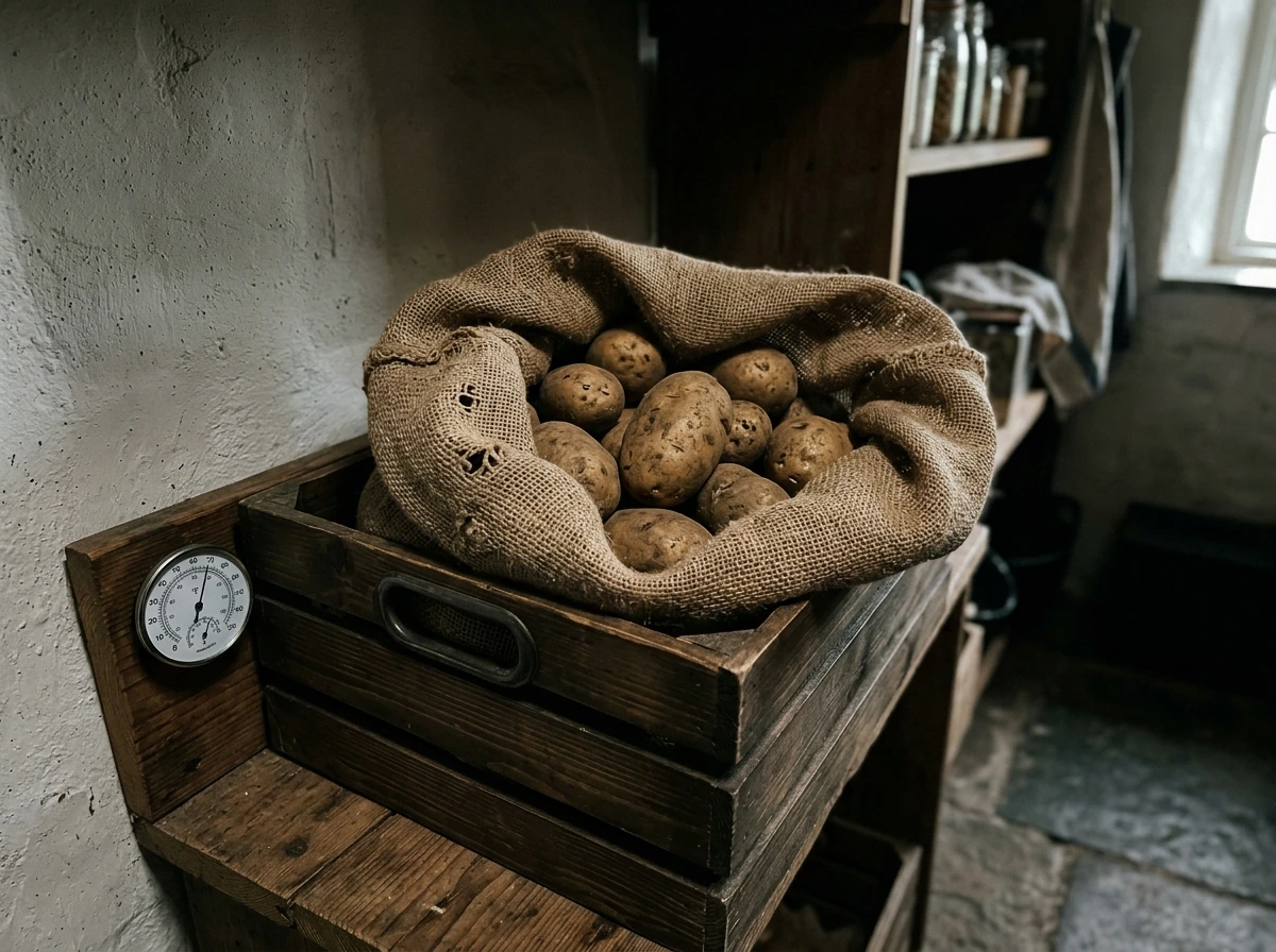 Potatoes stored in a dark, ventilated container at cool temperature to prevent sprouting.