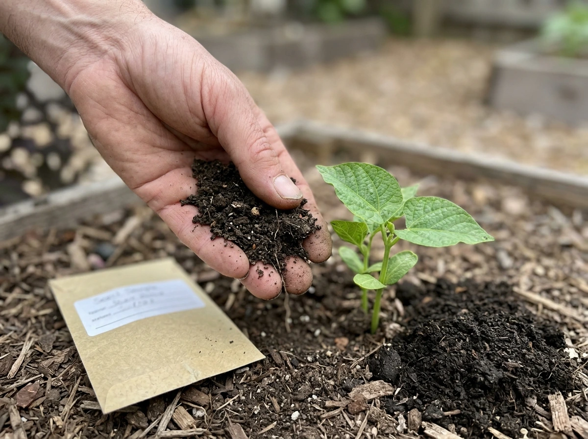 Healthy bean seedling beside crumbly amended soil and compost pile