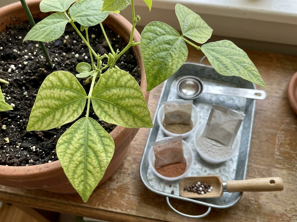 Bean leaf nutrient problem cues with micronutrient powders and scoop